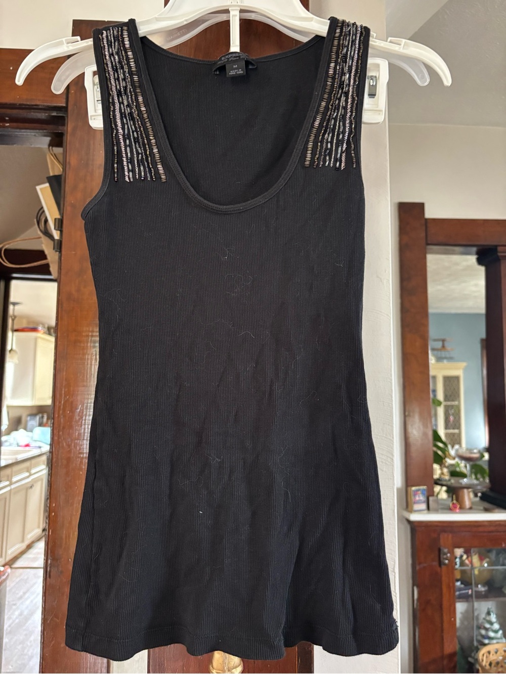 Express Black Ribbed Tank top with Metallic Beaded Straps